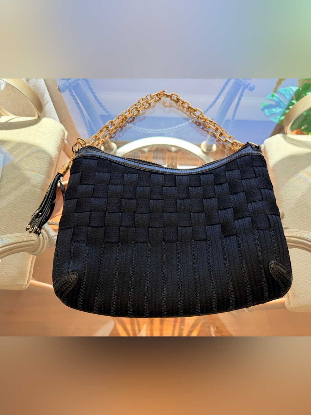 Cole Haan Black Woven Shoulder Bag with Gold Chain